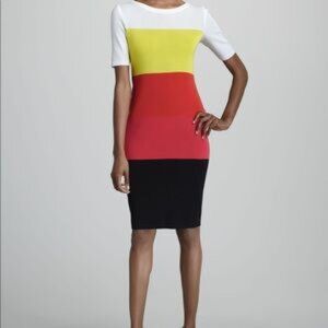 Exclusively Misook Vibrant Color Block Midi Dress in Yellow, Red, Pink & Black
